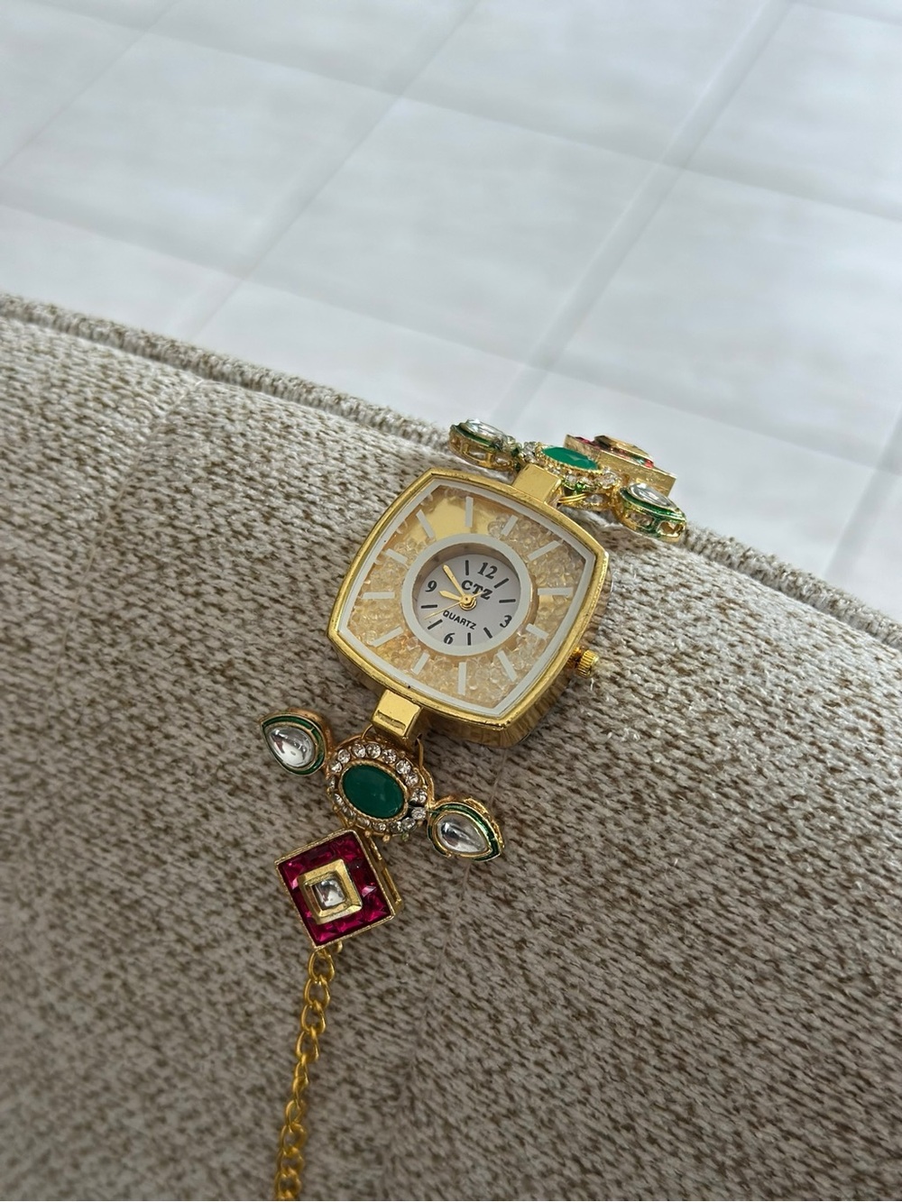 Gold-Tone Women's Bracelet Watch with Green and Red Accents